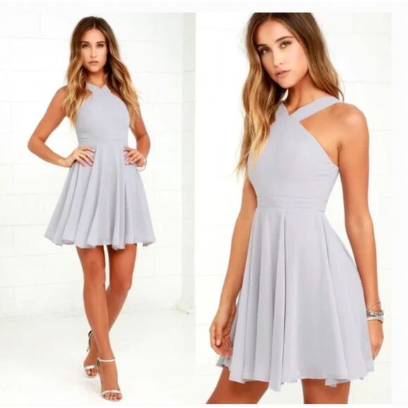 Lulus Forevermore Skater Dress Mini Halter Light Gray Bridesmaid Hoco Size Small - Picture 1 of 7